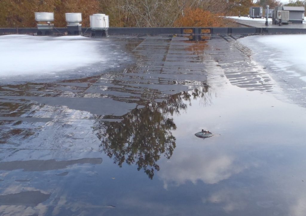 Clogged roof drain ponding water